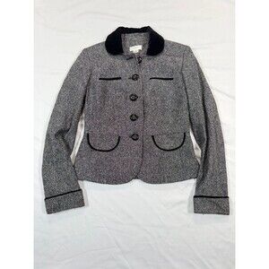 Ann Taylor LOFT Grey Tweed Blazer Jacket Velvet Collar Trim Size 0 Wool Blend Y2